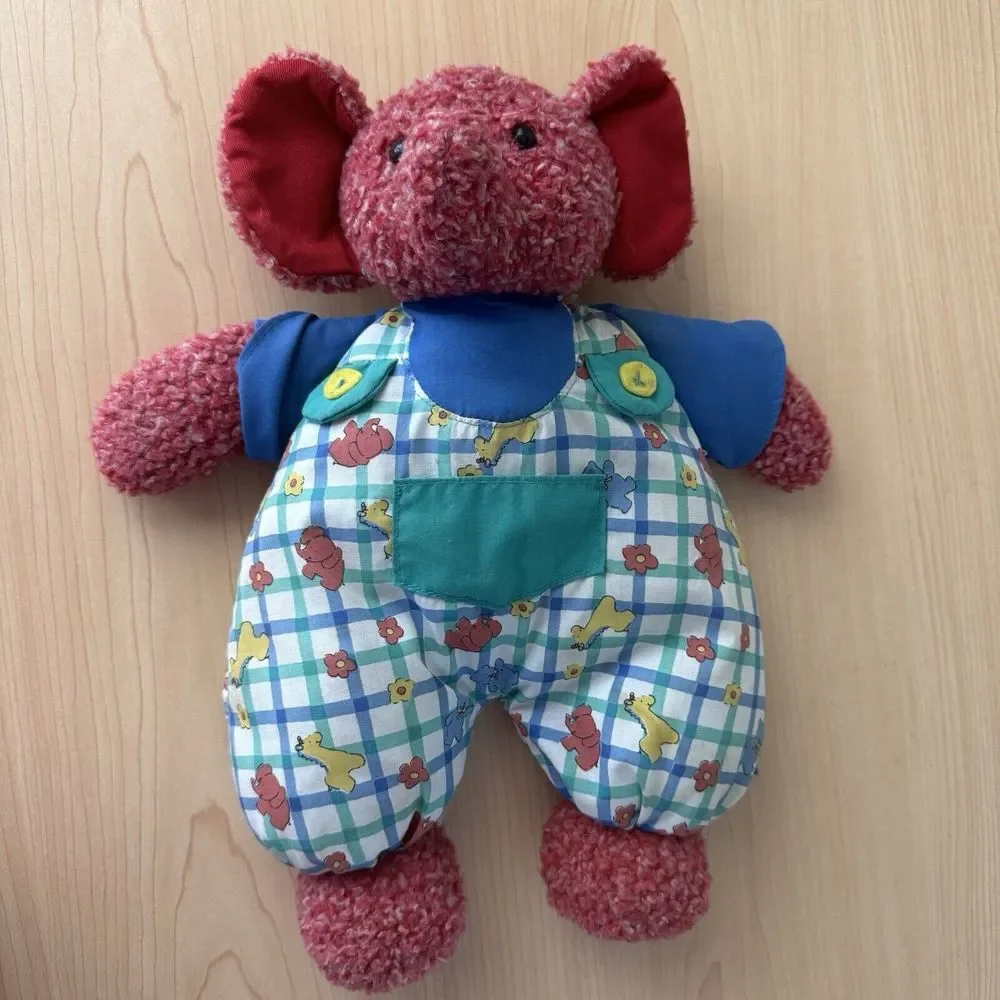Vtg Oshkosh‎ Osh Kosh Red Sherpa Elephant In Plaid Overalls Baby Plush Toy RARE